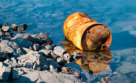 Rusty oil barrel floating in lake water near rocks, symbol of environmental pollution, toxic waste...