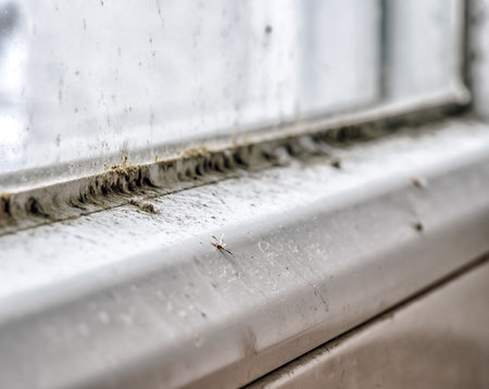 Close-up detail of toxic mold and accumulated dirt on the glass and frame of an old window. Fungal growth and moisture damage as symbol of unhealthy living conditions and poor home maintenance.の写真素材