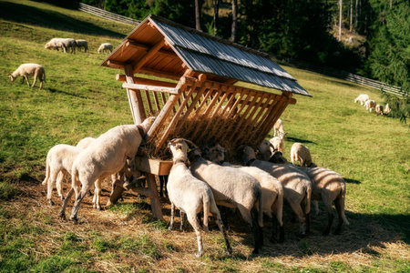 Flock of sheep feeding on hay at wooden manger on green mountain meadow in sunny day. Traditional rural farming landscape showing natural agriculture.の写真素材