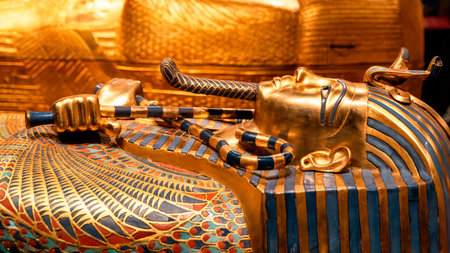 Golden mask of King Tut with blue inlay decoration and crossed ceremonial symbols. The image highlights the detailed craftsmanship of the sarcophagus and the rich artistic style of ancient Egypt.の写真素材