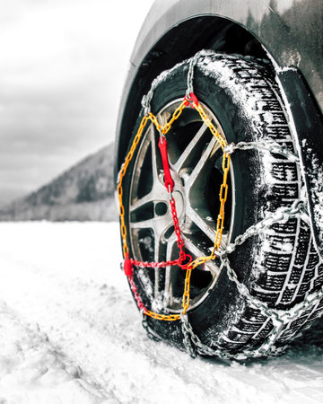 Detail of a winter car tire with snow chains for better traction while driving in snowy mountain conditions.の写真素材