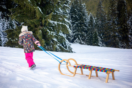 Child dressed in warm winter clothes pulling a wooden sled across snowy field with forest in background, showing active winter play and peaceful outdoor atmosphereの写真素材