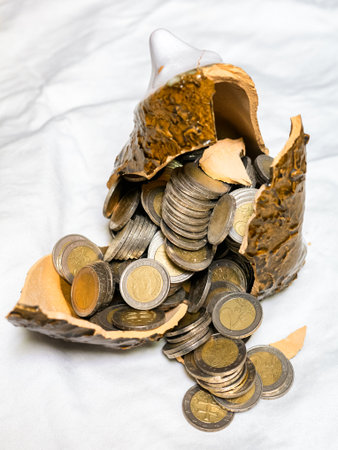 Broken ceramic money box spilling euro coins on white background. Concept of lost savings, financial failure, unexpected expenses, debt, inflation or poor money management.の写真素材