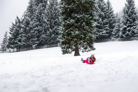 Child sledding downhill on snowy slope surrounded by forest. Winter outdoor play, freedom, movement, cold season fun and childhood adventure in nature.の写真素材