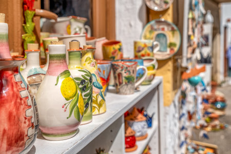 Margarites, Crete, Greece â September 7, 2025: Traditional pottery shop with handmade ceramic products displayed outside in Margarites village, a historic Cretan settlement known for its long tradition of ceramic craftsmanship.のeditorial素材