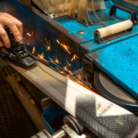 Close up of technician sharpening ski edges on a grinding machine. Flying sparks emphasize precise manual work, professional ski service and careful preparation of winter sports equipment for the season.の写真素材