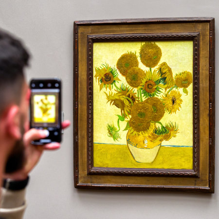 London, England - May 30, 2018: Vincent van Goghâs iconic âSunflowersâ painting displayed at the National Gallery in London, photographed by a visitor capturing the artwork on a smartphone.のeditorial素材