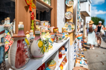 Margarites, Crete, Greece â September 7, 2025: Traditional handmade ceramic pottery displayed outside a local shop in Margarites, a village famous for its long history of ceramic craftsmanship and pottery production.のeditorial素材