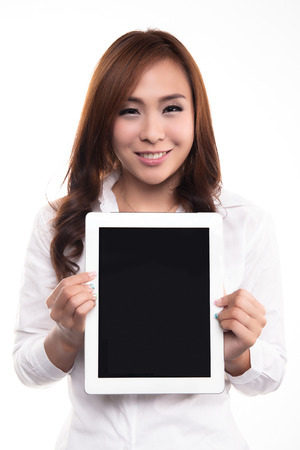 Beautiful asian woman with tablet and copy space on empty screen  - Beautiful asian woman, isolated on white backgroundの写真素材