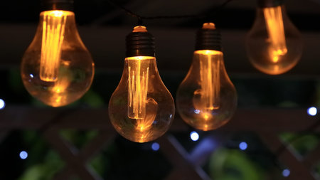 Beautiful solar garden lamps shining in the evening.