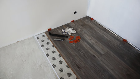 Repair of apartments. Laying floor panels.の写真素材
