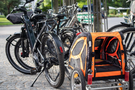 Electric bicycle with a trailer for transporting a dog.の写真素材