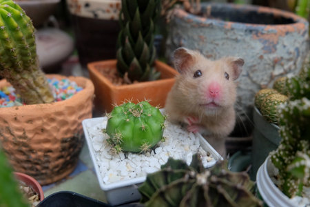Curious hamster with cactus