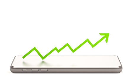 3d mobile phone with arrow of online stock market trading with ,3d render illustration backgroundの写真素材