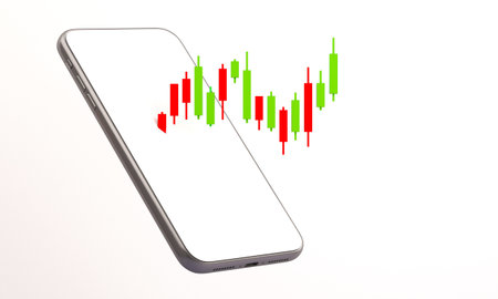 Candle stick graph chart of online stock market trading with mobile phone ,3d render illustration backgroundの写真素材