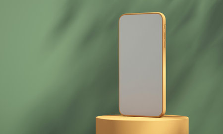 Smartphone mockup with tree shadow on wall background, summer product mockup, 3d render illustrationの写真素材