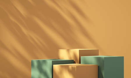 3D green and orange product podium display with orange background and tree shadow,summer product mockup background,3D render illustrationの写真素材