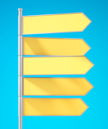 3d blank yellow directional arrow road signs with blue sky background,3d Illustration backgroundの写真素材