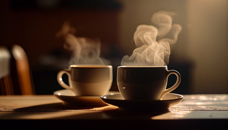 Coffee cups on wooden table in room with morning light from a window. Generative AIの素材