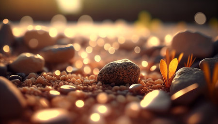 Close up of pebble stones rocks and leaves on a beach with sunset bokeh light background , generative aiの素材