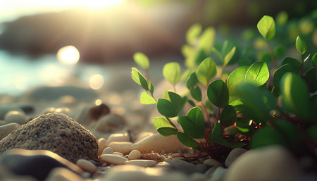 Close up of pebble stones rocks and leaves on a beach with sunset bokeh light background , generative aiの素材