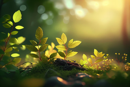 Green leaves on branch and green grass with morning sunlight ,spring and summer background,Generative AIの素材