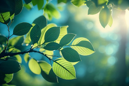 Green leaves on branch with morning sunlight ,spring and summer background,Generative AIの素材