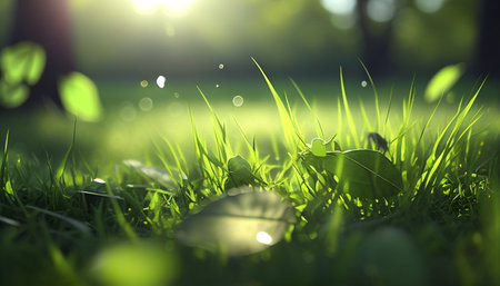 Green leaves on branch and green grass with morning sunlight ,spring and summer background,Generative AIの素材