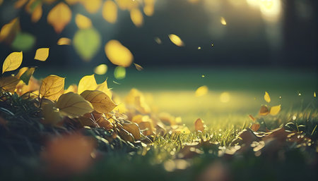 Closeup view of falling leaves on grass in morning sunlight with bokeh,Generative AIの素材