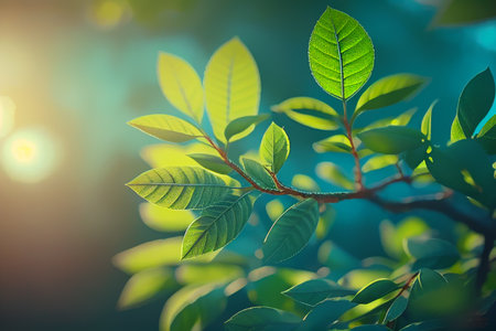 Green leaves on branch with morning sunlight ,spring and summer background,Generative AIの素材