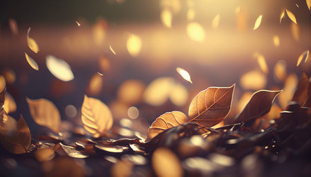 Closeup view of falling leaves on grass in morning sunlight with bokeh,Generative AIの素材