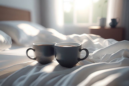 Coffee cups in bedroom with morning light from a window. Generative AIの素材