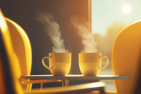 Coffee cups on table yellow background with morning light from a window. Generative AIの素材