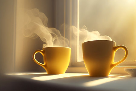 Coffee cups on table yellow background with morning light from a window. Generative AIの素材