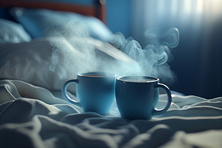 Coffee cups in bedroom with morning light from a window. Generative AIの素材