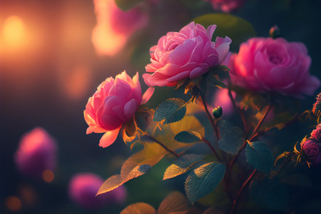 Pink rose flower in the garden of flowers and sunlight with bokeh,Generative AIの素材