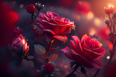 Red rose flower in the garden of flowers and sunlight with bokeh,Generative AIの素材
