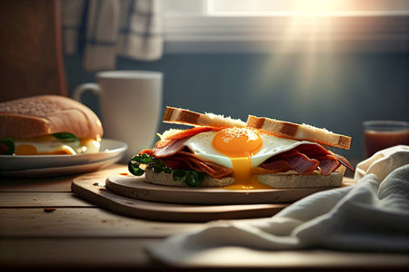 sandwich with fried egg ,becon for breakfast in morning. Generative AIの素材