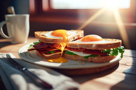 sandwich with fried egg ,becon for breakfast in morning. Generative AIの素材