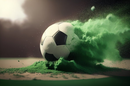 soccer ball with dust and smoke on green grass background , Generative AIの素材