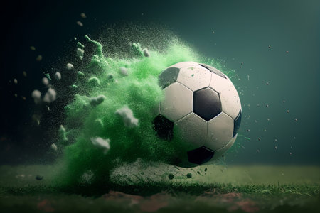 soccer ball with dust and smoke on green grass background , Generative AIの素材