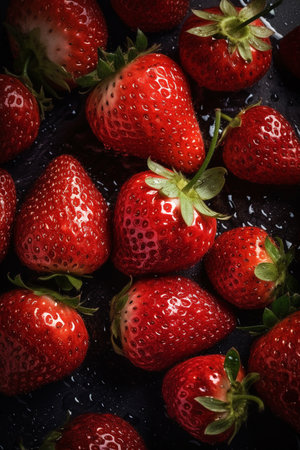 closeup of fresh ripe strawberries with green leaves and water drops background, Generative AIの素材