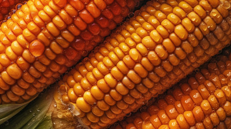 Fresh corns on cobs and water drops background, closeup view,Generative AIの素材