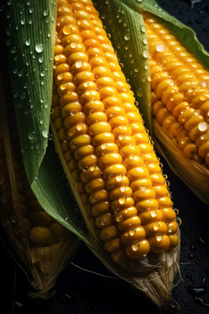 Fresh corns on cobs and water drops background, closeup view,Generative AIの素材