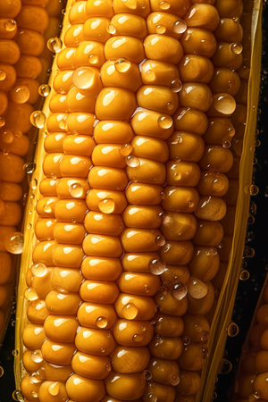 Fresh corns on cobs and water drops background, closeup view,Generative AIの素材