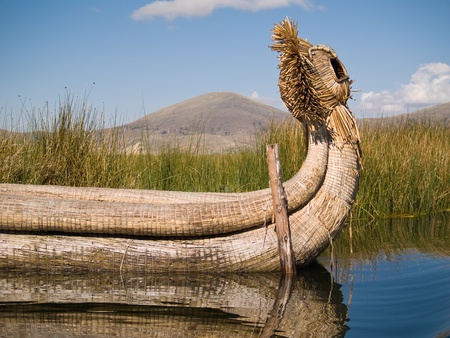 Floating Uros Island boats on Lake Titicaca in Peruの写真素材