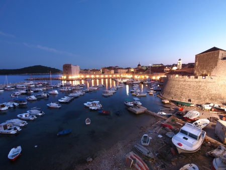 Dubrovnik's old port at night, Croatiaの写真素材