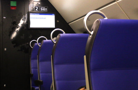 Utrecht, the Netherlands, February 15, 2019: Blue empty chairs in the NS train from Amsterdam to...