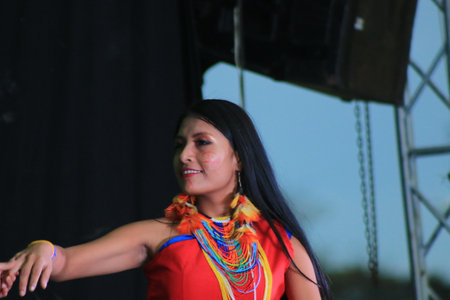 Puyo, Ecuador, 17-8-2019: An indigenous tribe called shuar performing their dance in traditional clothing and spearsのeditorial素材