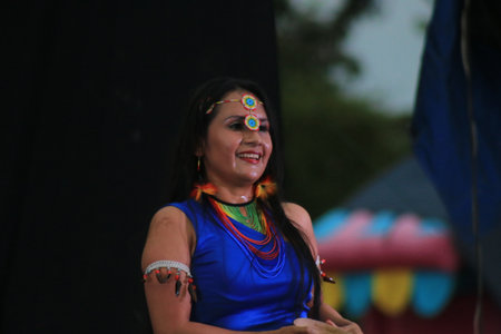 Puyo, Ecuador, 17-8-2019: An indigenous tribe called shuar performing their dance in traditional clothing and spearsのeditorial素材